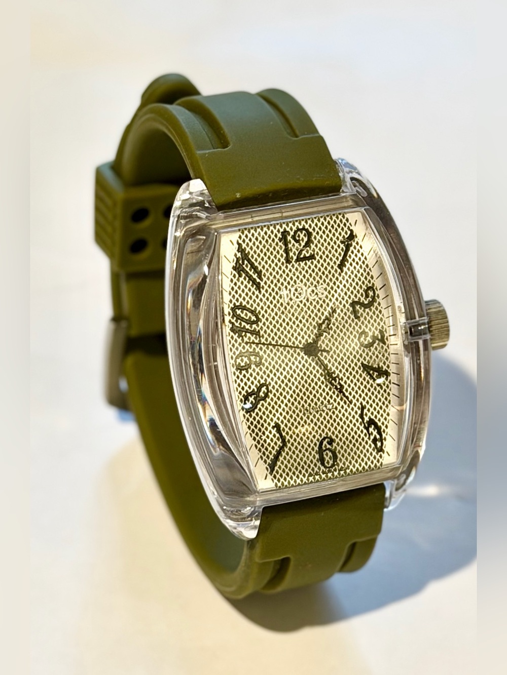 Clear TOCS Quartz Watch Unisex Clear Plastic Barrel Japan Movt, green silicone